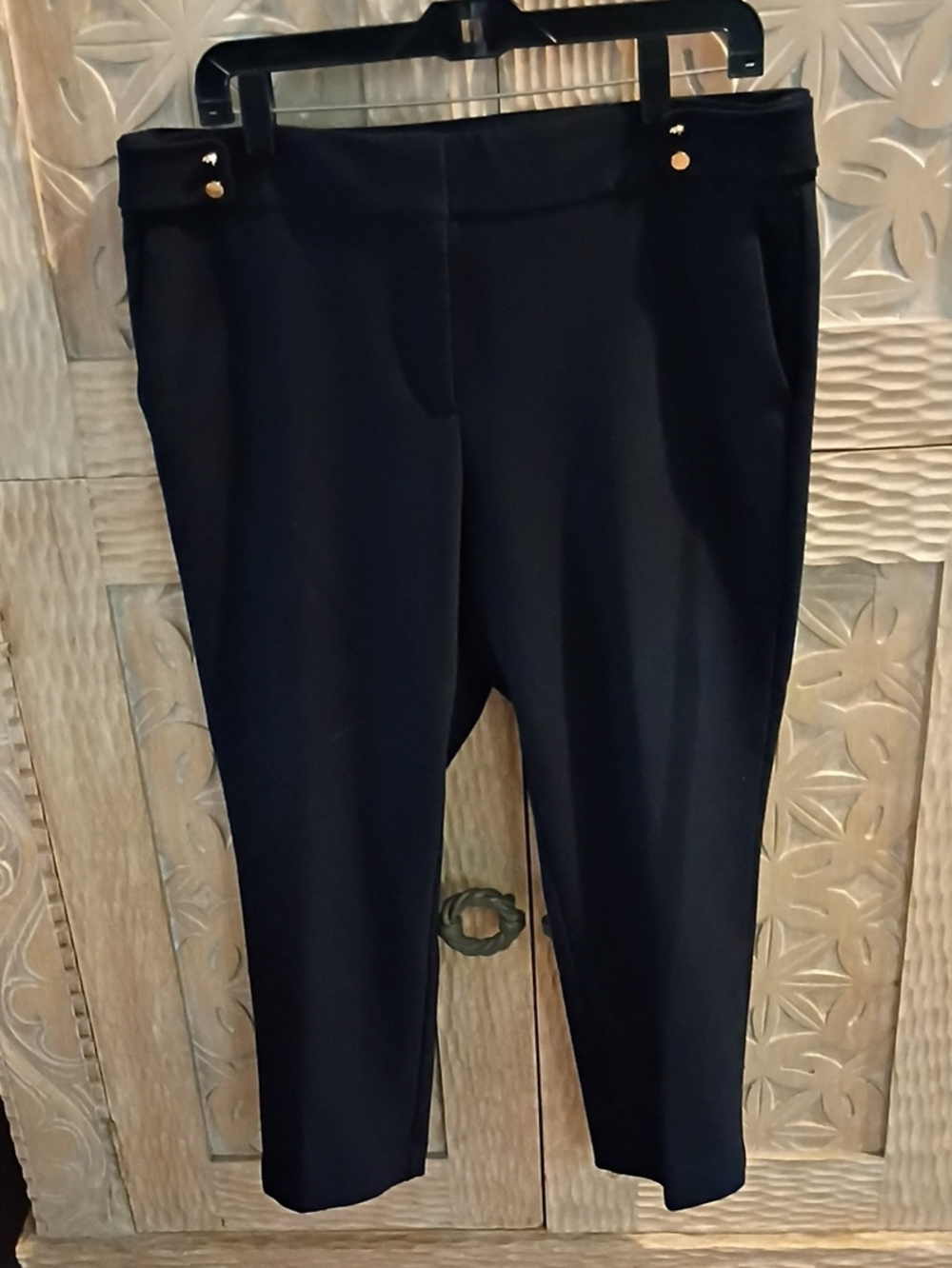 LOFT Black Cropped Slim Ankle Pants with Gold Button Detail
